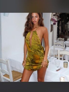 Olive Green Floral Halter Mini Dress